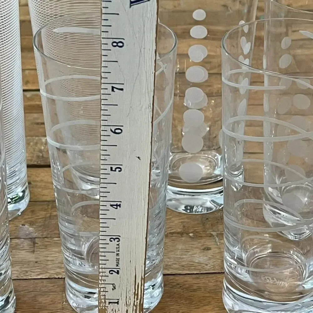 Mikasa Cheers Highball Glass Set of 8 Distinct Etched Patterns Dots Swirls Lines